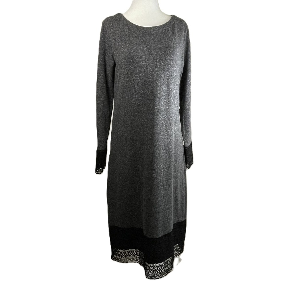 Coldwater Creek Size Small‎ Gray Knit Dress Lace Trim Long Sleeve Midi